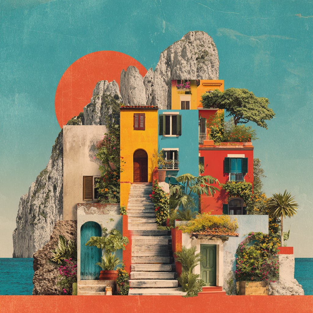 Collage illustrato: case colorate italiane su una scogliera, con il mare e un sole arancione